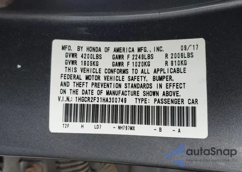 2017 Honda Accord Lx из США, поврежденный, VIN 1HGCR2F31HA300749